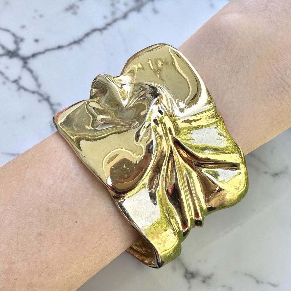 Brutalist Cuff Bracelet Sculptural Gold Tone Molten Linda Eastwood Designer 80s